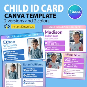印刷可能で編集可能な子供用 ID カードの Canva テンプレート、子供用カスタム ID カード テンプレート、子供の安全のための ID カード、写真付き子供用バッジ