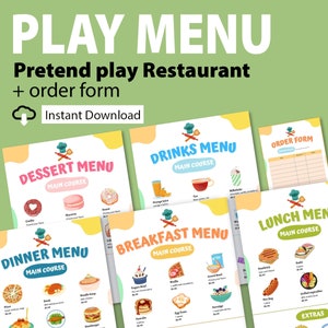 Menú de restaurante de juego de simulación imprimible, menús de juego de cocina para niños, chef de juego de simulación para niños, juego dramático para niños, formularios de restaurante
