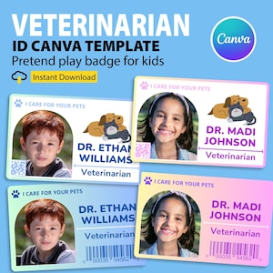 Veterinär-ID-Karte für Kinder Pretend Play & Dress Up CANVA Vorlage, Pretend Play-Namensschild druckbar, Kinder-ID Namensschild Tierdoktor