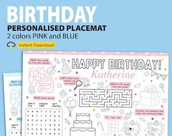 Happy Birthday Coloring Placemat Personalized Printable, Birthday Party Coloring Page, Birthday Party Activity Sheet