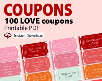 100 Love Coupon Book Printable, Valentines Day Coupons, Gift for him, Gift for her, Couple Gift, Anniversary Gift, Love Vouchers