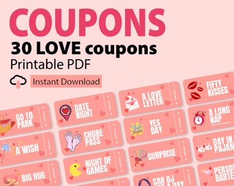 30 Love Coupon Book Printable for couples, Printable Coupons Birthday Gift Love Coupons Anniversary Gift for Her DIY Gift for Him