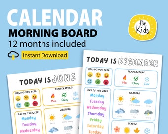 Tablero matutino para niños imprimible, Calendario diario para niños para la rutina matutina, Recurso para la educación en el hogar, Meses del año, Gráfico meteorológico visual