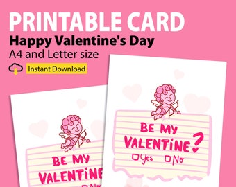Be my Valentine Printable Card, Happy Valentine's Day Card, Valentine's Cupid Card, Romantic Love Card, Printable Happy Valentines Day Card
