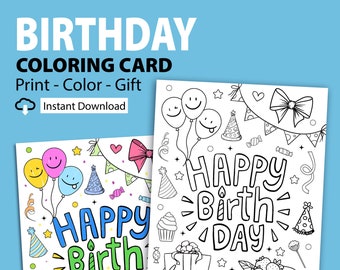 Printable Happy Birthday Coloring Card, Birthday Color Your Own Card ...