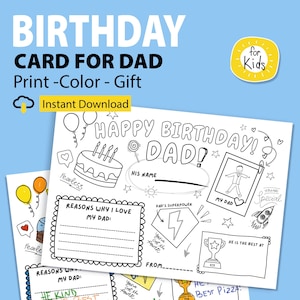 Página para colorear de cumpleaños de papá imprimible para niños, tarjeta de cumpleaños de bricolaje para papá, tarjeta para colorear para el cumpleaños de papá