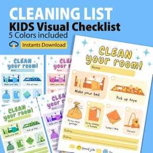 Kids Cleaning Checklist, Kids Tidying Checklist with Pictures, Kids Visual Chore Chart, Kids Daily Weekly Clean Up Routines Printable