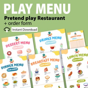 Pretend Play Restaurant Menu Printable, Kids Kitchen Play Menus, Kids Pretend Play Chef, Dramatic Play for Kids, Restaurant Forms