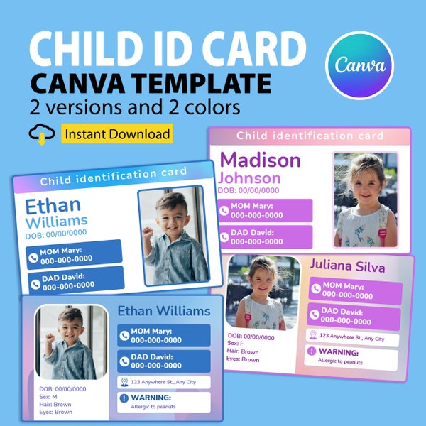 Child ID Card Printable and Editable Canva Template, Kid Custom ID Card Template, ID Card  for Child Safety, Child Badge with Photo