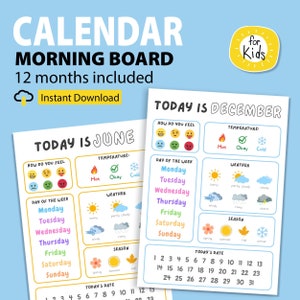 Afdrukbaar ochtendbord voor kinderen, dagkalender voor kinderen voor ochtendroutine, bronnen voor thuisonderwijs, maanden van het jaar, visuele weerkaart