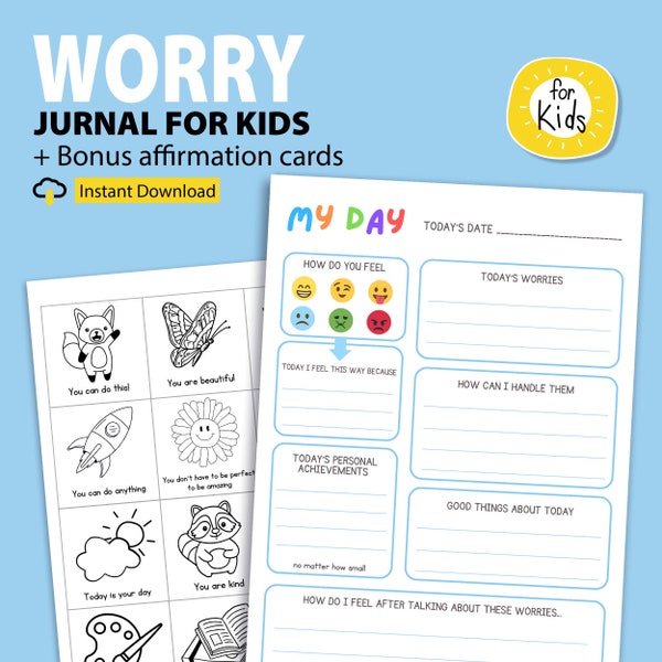 Printable Anxiety Journal for Kids, Worry Journal, Kids Mental Health Journal, Feelings Journal for Kids, Therapy Mental Health,Mood Tracker