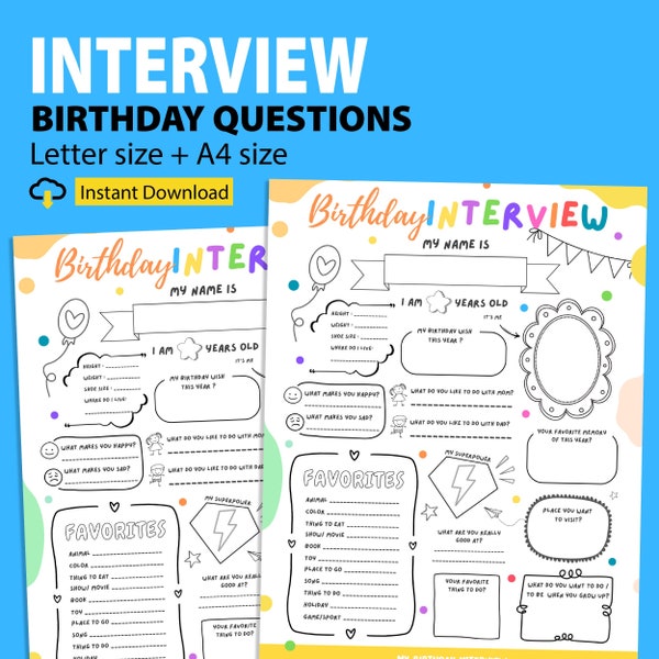 Birthday Interview Questions for Toddlers Printable, Kids Annual Questions Keepsake, Yearly Memory Diary, About Me Memory  Journal