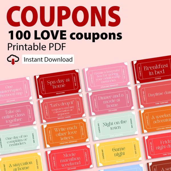 100 Love Coupon Book Printable, Valentines Day Coupons, Gift for him, Gift for her, Couple Gift, Anniversary Gift, Love Vouchers