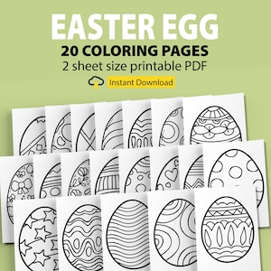 May include: Twenty black and white Easter egg colouring pages. The pages are printable and ready for children to colour. The text on the page reads "Easter Egg 20 Colouring Pages 2 sheet size printable PDF Instant Download".