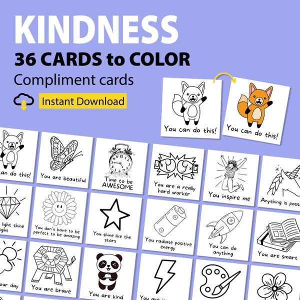 Kindness Cards for Kids PRINTABLE, Compliment Coloring Cards, Kindness Cards to Color, Printable Positivity Cards, Friendship Cards