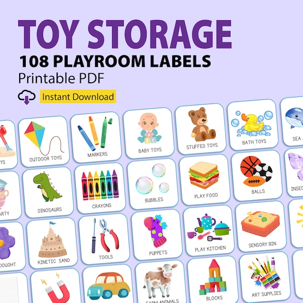 108 druckbare Spielzimmer-Etiketten für Spielzeugaufbewahrung, Spielzimmer-Organisation, Trofast-Etiketten mit Bildern, Spielzeug-Organizer