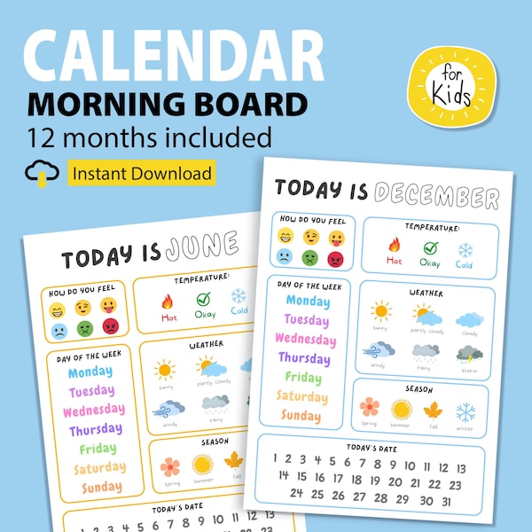 Kids Morning Board Printable, Kids Daily Calendar for Morning Routine, Homeschool Resource, Months of the Year, Visual Weather Chart