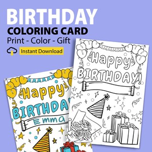 Tarjeta de regalo para colorear feliz cumpleaños imprimible, tarjeta de felicitación de cumpleaños, tarjeta de cumpleaños impresa y coloreada, tarjeta lista para colorear para niños