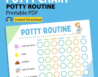 May include: A printable potty training chart with a cartoon illustration of a child holding a roll of toilet paper. The chart has a daily routine for using the potty, peeing, pooping, washing hands, and having no accidents. The chart is designed for a week, with days of the week labeled: Monday, Tuesday, Wednesday, Thursday, Friday, Saturday, and Sunday.