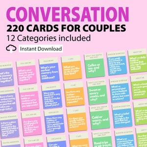 220 afdrukbare gesprekskaarten voor stellen, gespreksstarters, datespel, vragenkaarten, date night at home