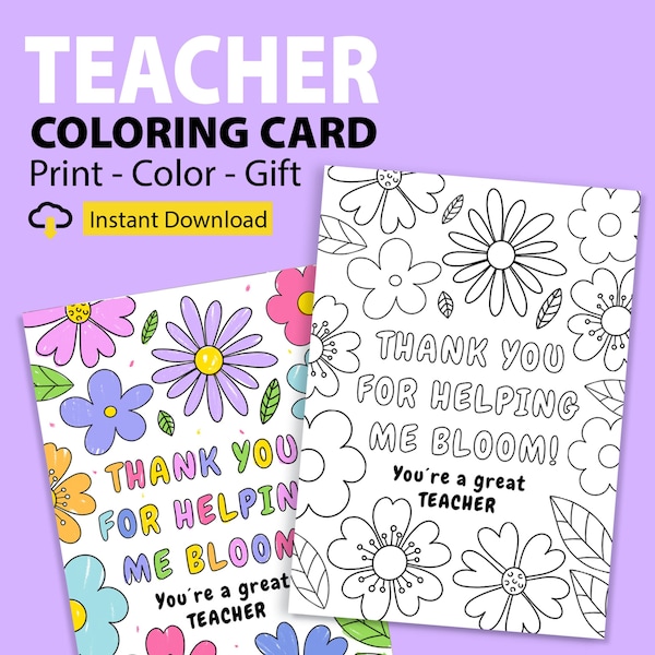 Teacher Appreciation Coloring Card Printable, Teacher Personalized Gift, Teacher Thank You Card, Preschool, Kindergarten, Do It Yourself