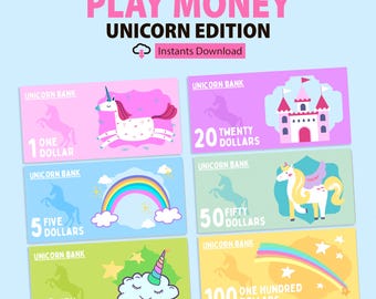 Unicorn Play Money: Kids Printable Pretend Play Bucks (PDF Download A4 Size)