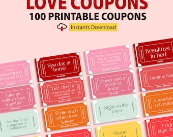 100 Love Coupon Book Printable, Valentines Day Coupons, Gift for him, Gift for her, Couple Gift, Anniversary Gift, Love Vouchers
