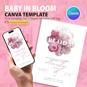 Baby In Bloom Invitation CANVA Template, Peony Baby In Bloom Baby Shower Invitation, Floral Baby Brunch Invite, Pink Peony Flower Invitation