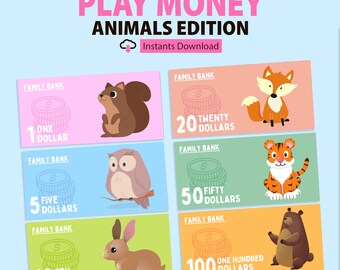 Printable Play Money for Kids: Animals Reward Bucks (PDF Download A4 Size)