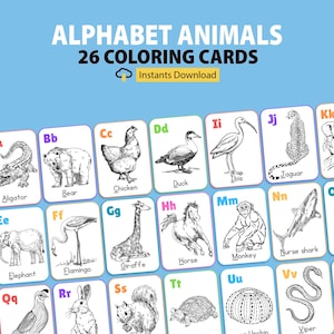 Animal Alphabet Coloring Pages Printables, Alphabet Coloring Cards, Alphabet Card Set, Homeschool ABC Flashcards, ABC Coloring Book