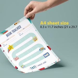 Puede incluir: Un rastreador de libros imprimible con un dise&ntilde;o colorido. El rastreador presenta un camino con frases motivacionales como "&iexcl;Ve por ello!" y "&iexcl;Sigue adelante!" El rastreador est&aacute; dise&ntilde;ado para un tama&ntilde;o de hoja A4, que es de 21 x 29,7 cm.