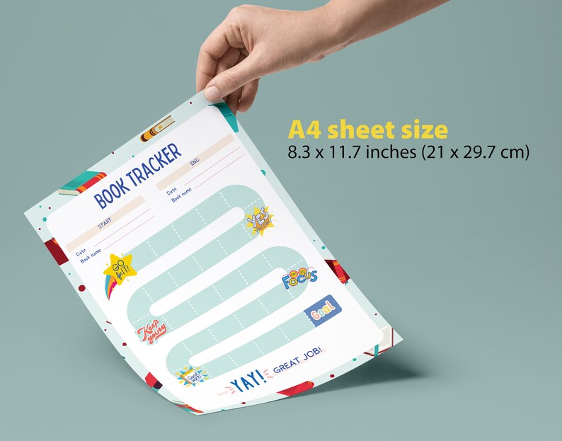 Puede incluir: Un rastreador de libros imprimible con un dise&ntilde;o colorido. El rastreador presenta un camino con frases motivacionales como "&iexcl;Ve por ello!" y "&iexcl;Sigue adelante!" El rastreador est&aacute; dise&ntilde;ado para un tama&ntilde;o de hoja A4, que es de 21 x 29,7 cm.