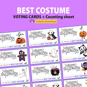 May include: Halloween-themed voting cards with various cartoon characters, including a pumpkin, ghost, and vampire. The cards have the text "Happy Halloween" and "Cast your vote for Best Costume."