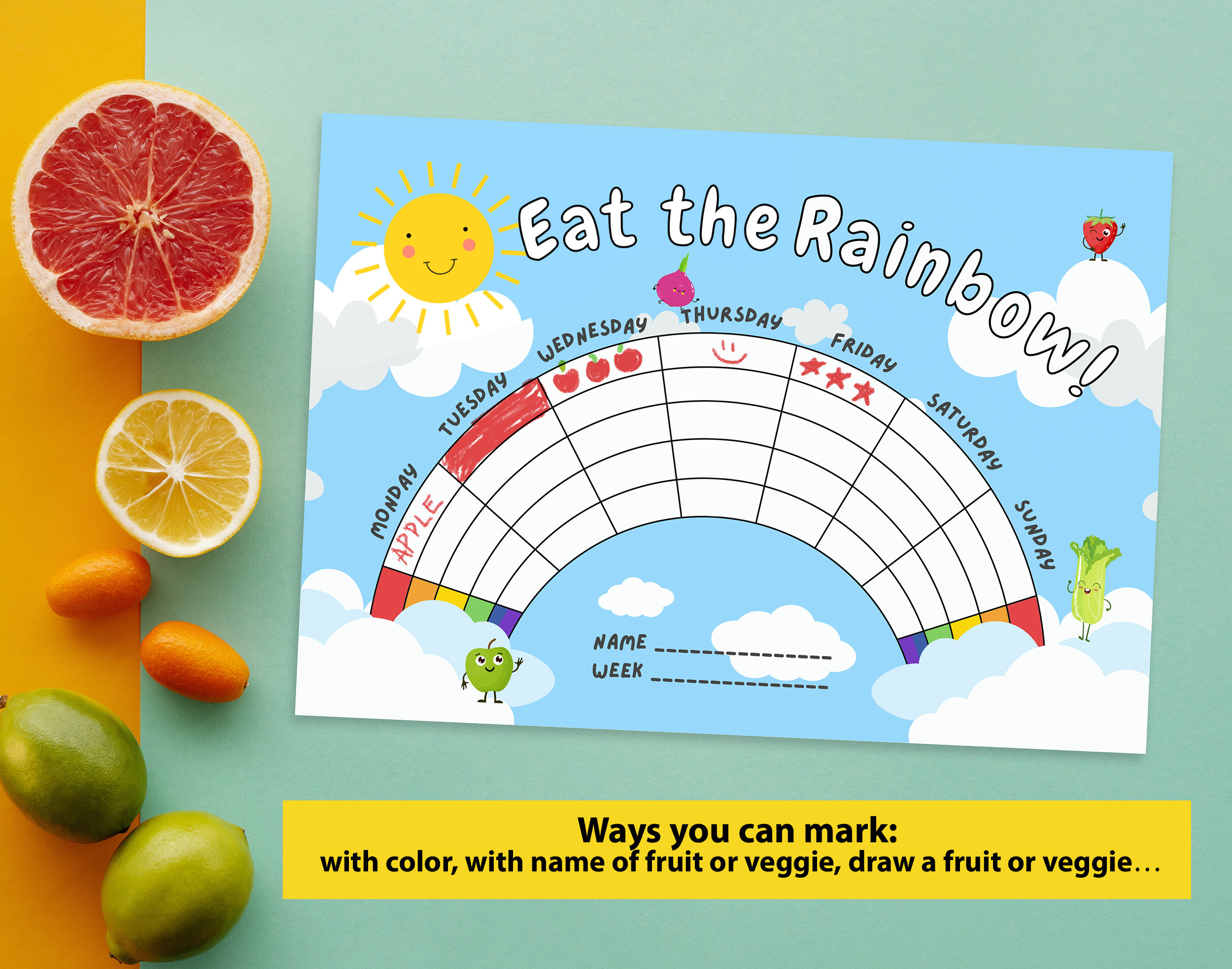 Healthy Eating Tracker Reward Chart for Kids Printable, Eat the Rainbow ...