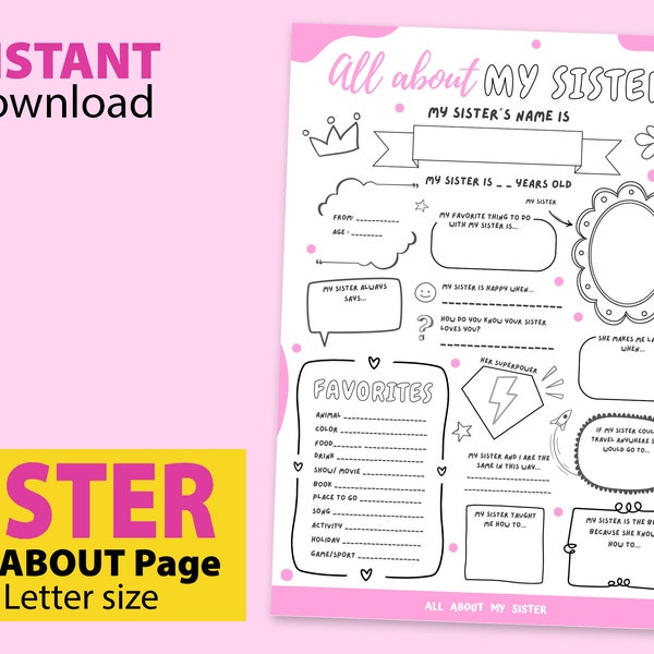 All About My Sister Printable Interview, Siblings Questionnaire, Sibling's Day Printable, Sister Birthday