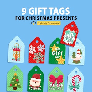 Bunte druckbare Weihnachtsgeschenkanhänger Set von 9, Weihnachtsgeschenkanhänger, Weihnachtsvorlage, frohe Weihnachten Geschenkanhänger, Geschenkanhänger für Klassenzimmer,