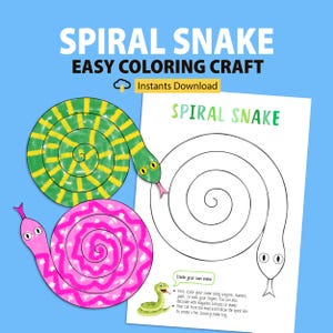 May include: A blue background with the text "SPIRAL SNAKE EASY COLORING CRAFT" and "Instants Download". The image shows a green and yellow spiral snake, a pink spiral snake, and a coloring page with a spiral snake outline. Instructions are included.