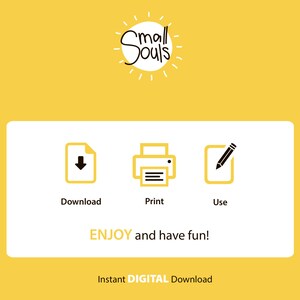 Puede incluir: Un fondo amarillo con un icono de sol y el texto "Small Souls". Debajo del icono del sol hay tres iconos: un icono de descarga, un icono de impresora y un icono de l&aacute;piz. El texto "Descargar", "Imprimir" y "Usar" est&aacute; debajo de cada icono. El texto "ENJOY and have fun!" est&aacute; debajo de los iconos. El texto "Instant DIGITAL Download" est&aacute; en la parte inferior de la imagen.