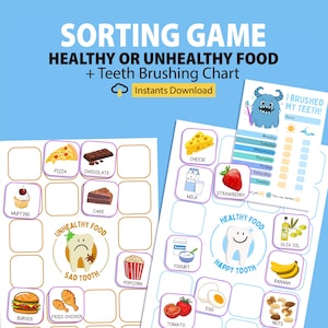 Healthy or Unhealthy Food Sorting Game Printable, Dental Health Preschool Printable Activity for Kids, Teeth Brushing Chart, Dental Activity