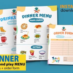 Menú de cena del restaurante de juego de simulación imprimible, juego dramático, juego de simulación para niños, restaurante para niños, menú de juego saludable