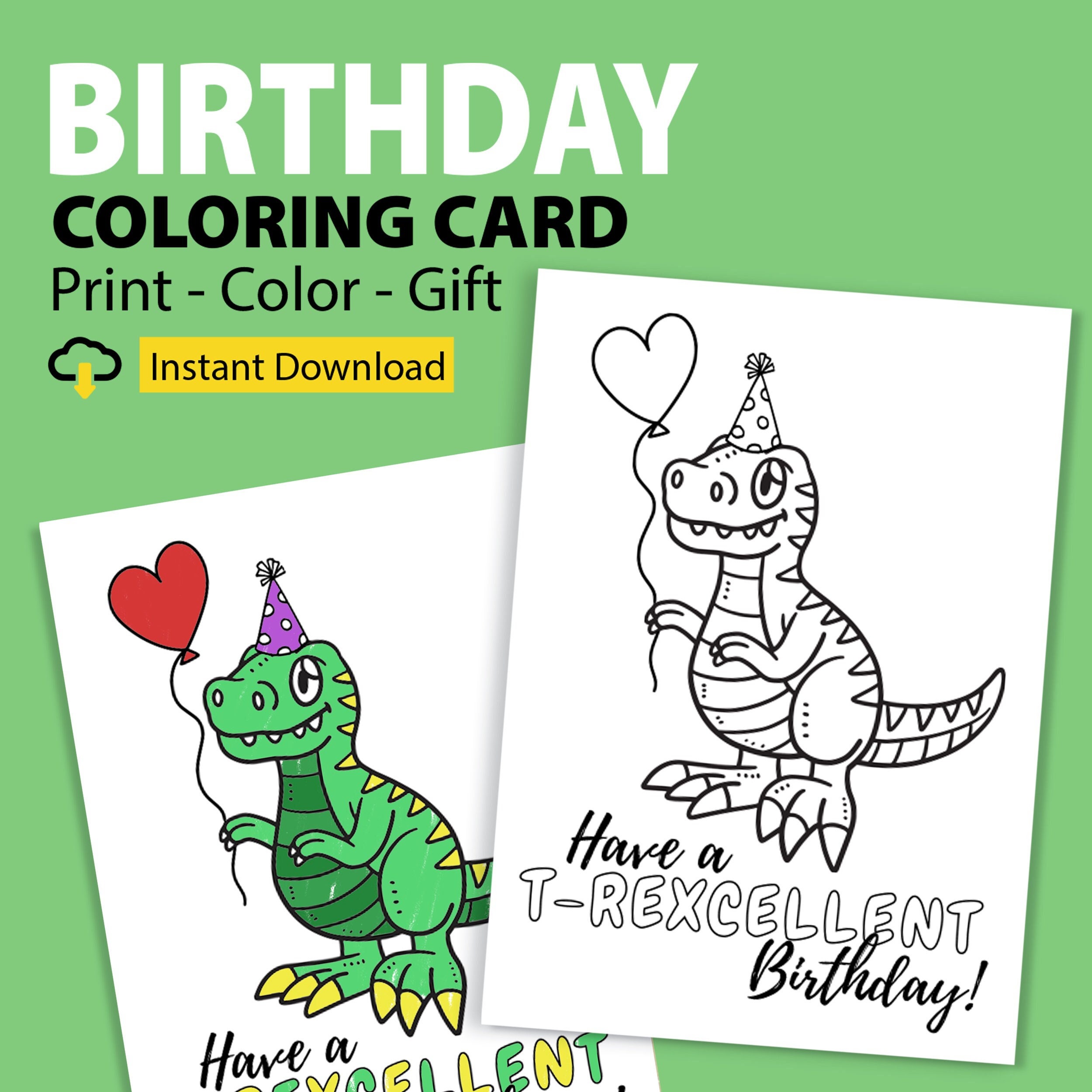 Dinosaur Birthday Coloring Card Printable, Funny Dino Birthday Card for ...