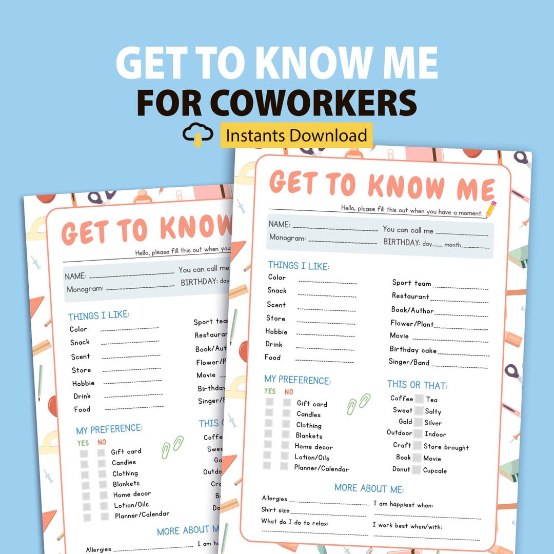 Coworker Gift Exchange Questionnaire: All About Me Team Survey ...
