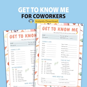 Printable Coworker Questionnaire  Editable, Gift Exchange Team Survey, All About Me Employee Questions, Employee Favorites List