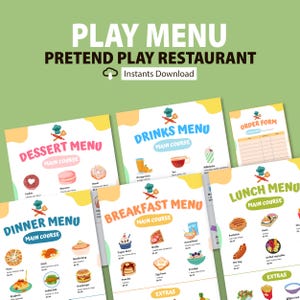 Pretend Play Restaurant Menu Printable, Kids Kitchen Play Menus, Kids Pretend Play Chef, Dramatic Play for Kids, Restaurant Forms