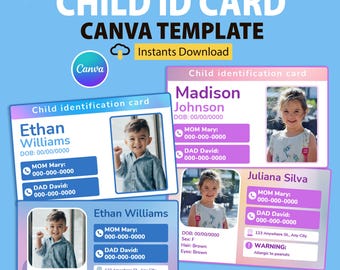 Child ID Card Template: Printable, Editable Kid Safety Badge (Canva Digital Download