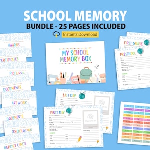 May include: A school memory bundle with 25 pages, including awards, certificates, pictures, documents, artwork, and report cards. The central design features a "My School Memory Box" with a backpack and school supplies. Available for instant download.
