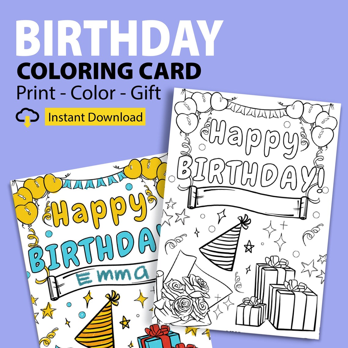 Happy Birthday Coloring Gift Card Printable, Birthday Greeting Card ...
