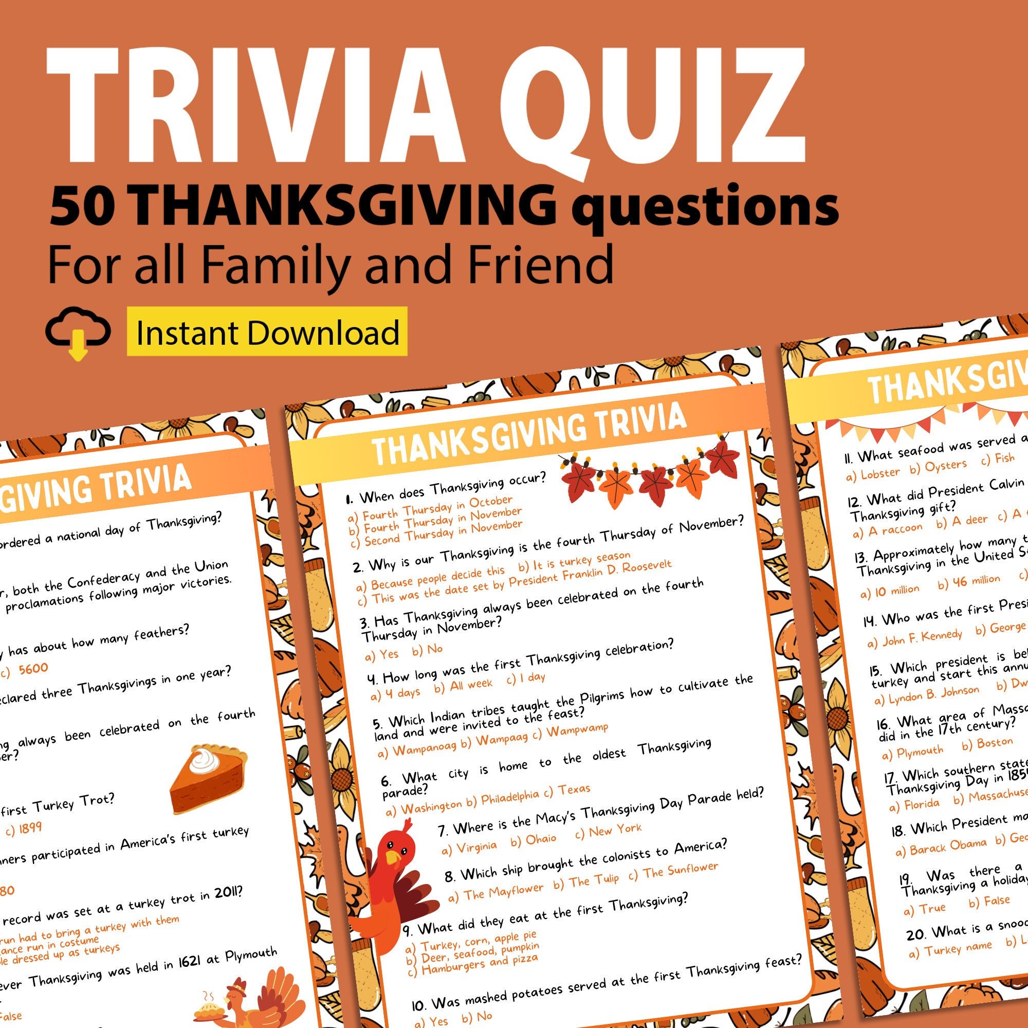 Printable Thanksgiving Trivia Quiz, 50 Quiz Questions to Test Family ...