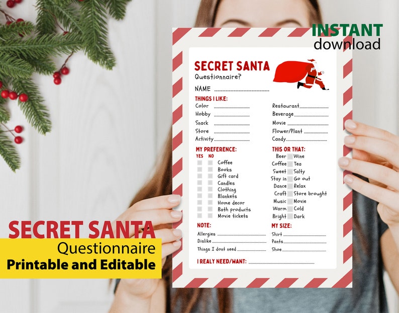 Secret Santa Questionnaire Printable and Editable, Secret Santa Form ...