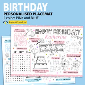 Happy Birthday Coloring Placemat Personalized Printable, Birthday Party Coloring Page, Birthday Party Activity Sheet